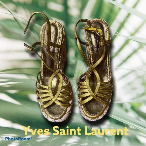 Saint Laurent Loulou Gold Wedge Sandals - Picture 4 of 12